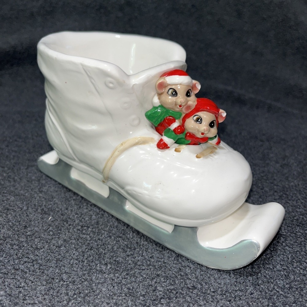 Quon Quon Japan Ceramic Christmas Decor Ice Skate Tea‎ Light/votive Holder  Mice